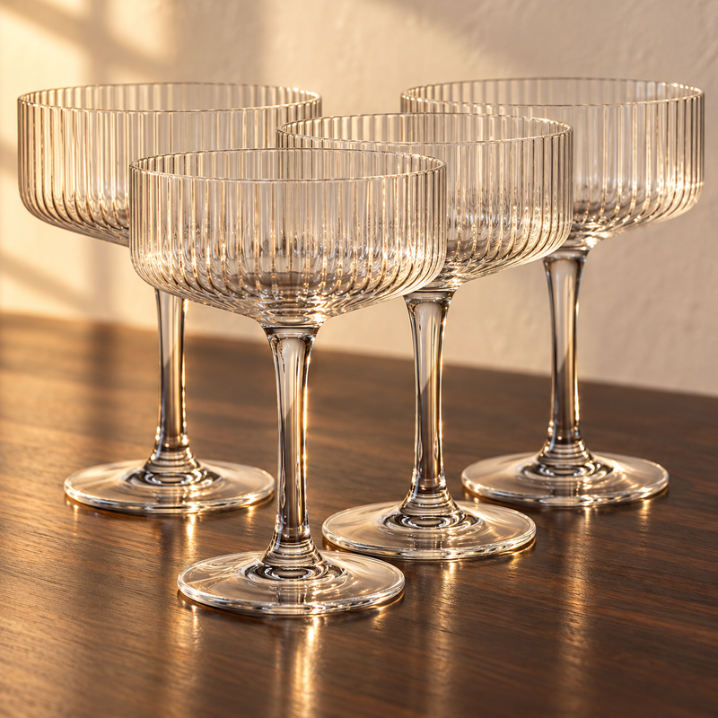 Ribbed Crystal-Clear Coupe Glass Set empty on an espresso walnut bar top in warm side light