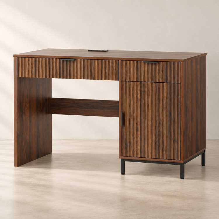 Fluted Wood-Grain Executive Desk with Charging Station in a clean neutral interior