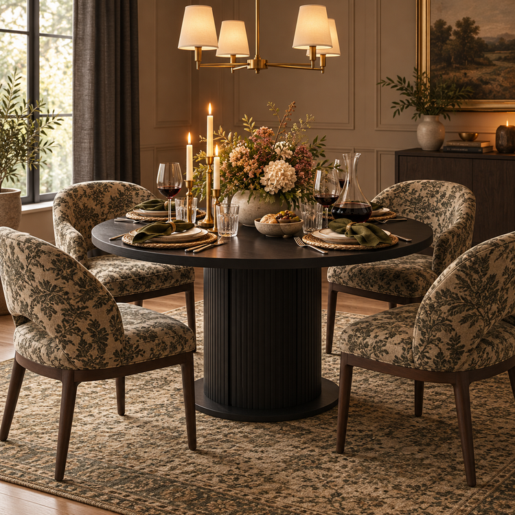 Round Black Pedestal Dining Table with Storage in a fully styled dining room