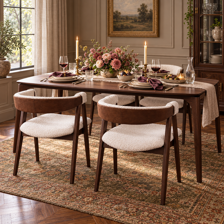 Walnut Veneer Dining Table and Chair Set in a fully styled dining room, table with four included chairs