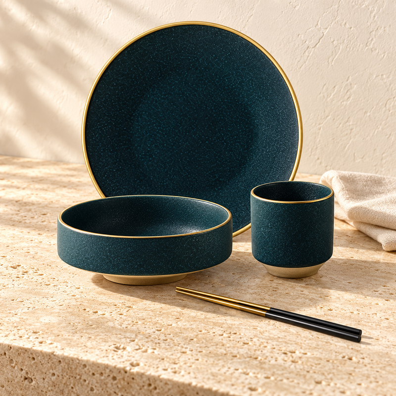 Matte Porcelain Gold-Rim Dinnerware Set in 4 Pcs set on a sunlit travertine counter