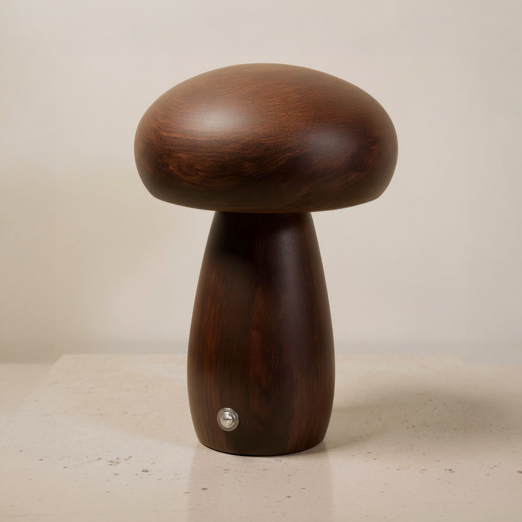 Rechargeable Mushroom LED Table Lamp with Touch Dimming on a neutral concrete tabletop