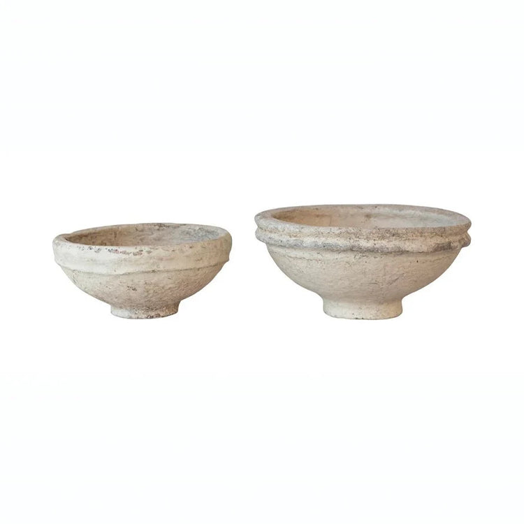 Set of 2 Found Decorative Paper Mâché Bowls – Aged White Finish — The Set of 2 Found Decorative Paper Mâché Bowls brings