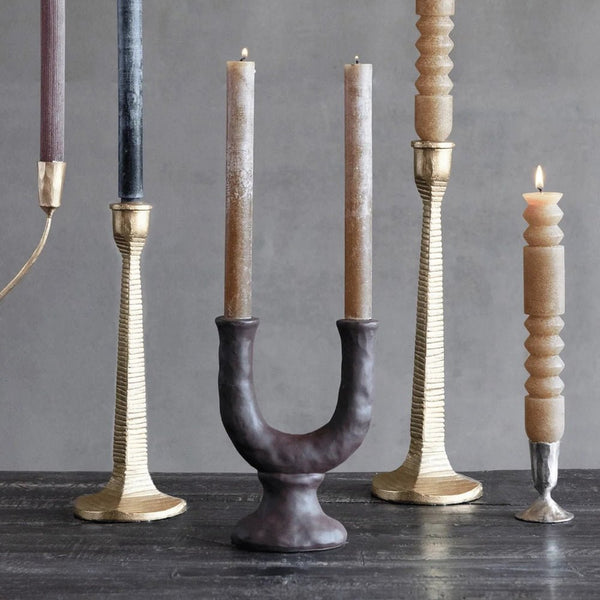 Stoneware Double Taper Candle Holder in Chocolate — Ground your space with warmth and sculptural elegance using the