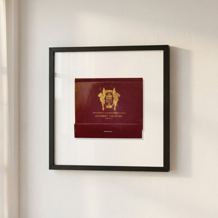 Vintage Matchbook Hotel Framed Print — Framed matchbook print — gold-crest crimson cover, white mat, three frame finishes
