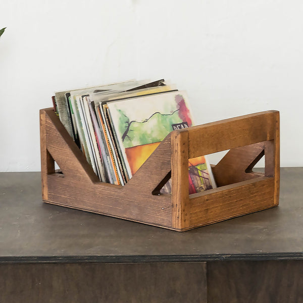 Handcrafted Wood 7-Inch Record Crate — Open-frame wood crate built for 7-inch vinyl singles and shelving display