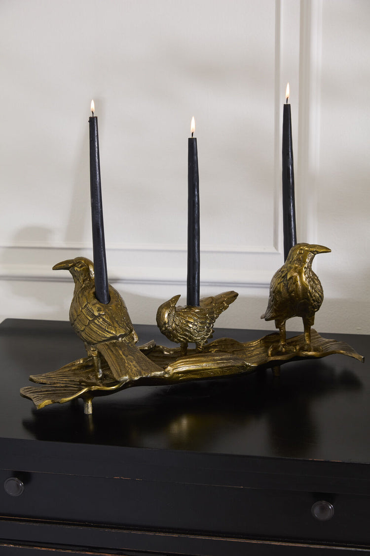Gold Cast Aluminum Three Ravens Candleholder