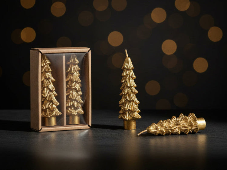 Shiny Gold Tree-Shaped Taper Candles, Set of 2