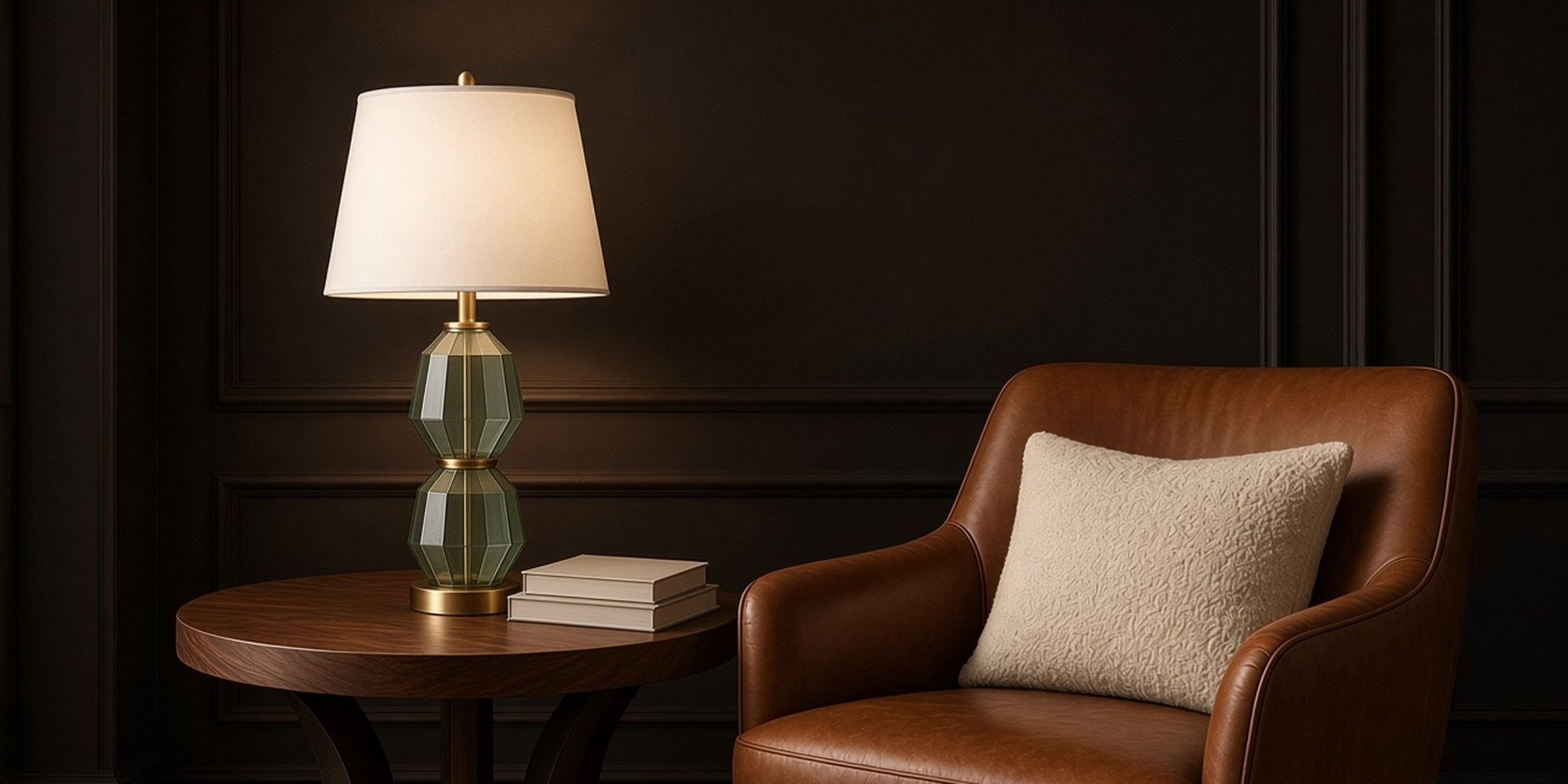 Green glass table lamp on a walnut side table beside a leather armchair