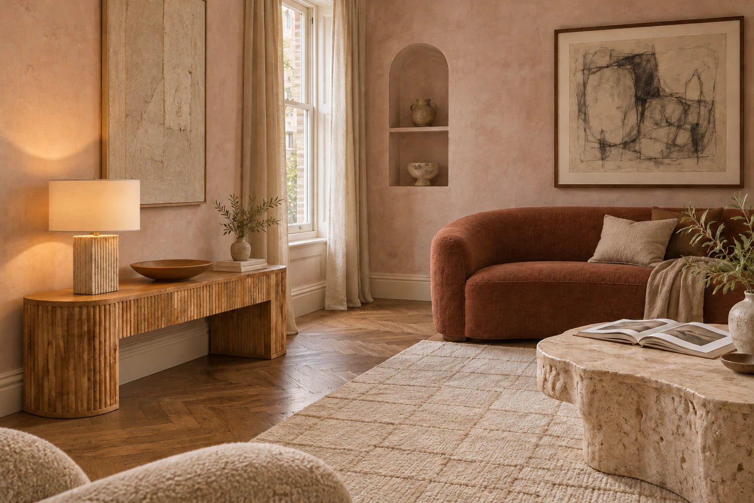 AI styled Artisan townhouse room with clay plaster, rust sofa, fluted console, pale lamp and bronze bowl