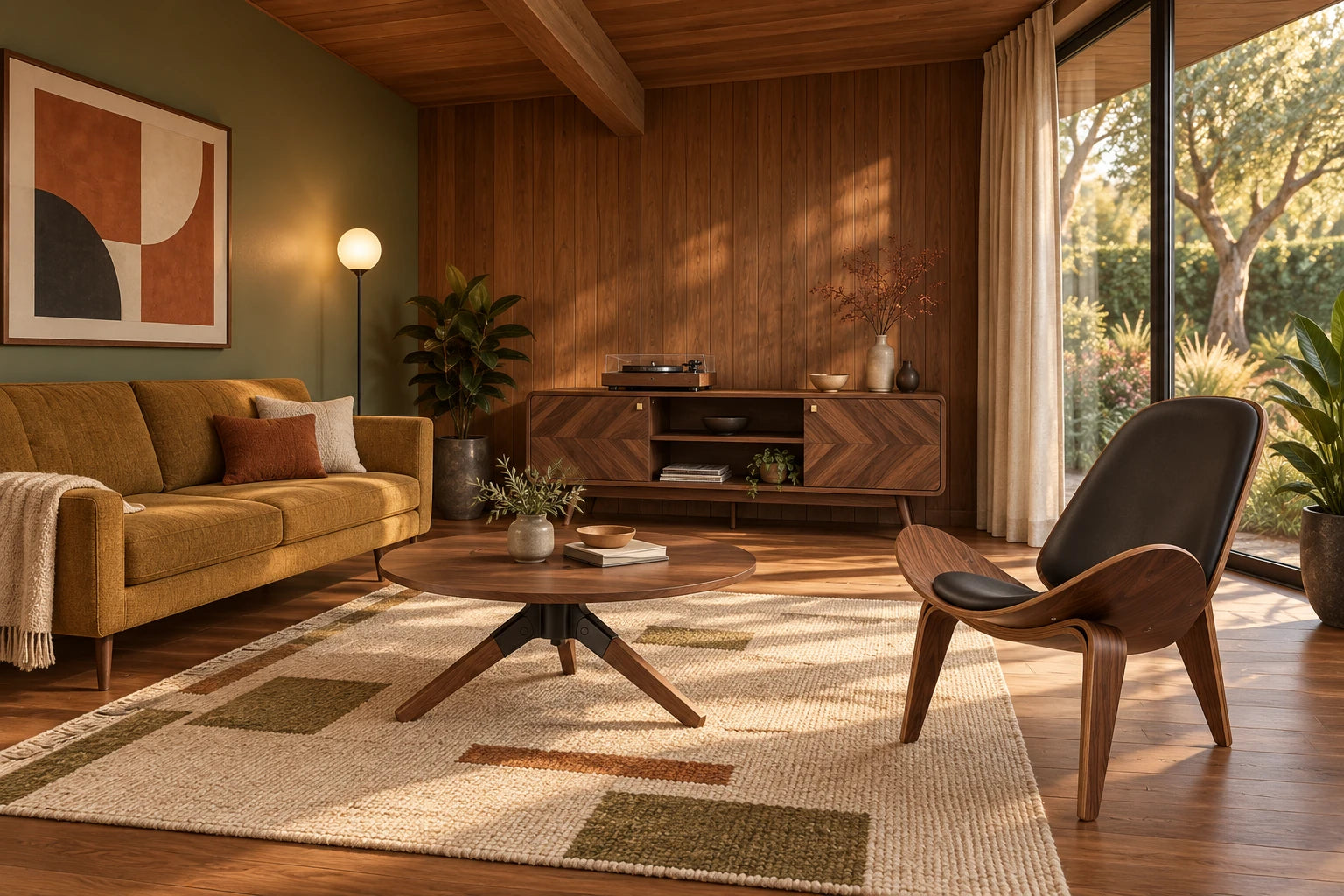 AI styled Mid-Century Modern room with warm wood, olive walls and sculptural seating