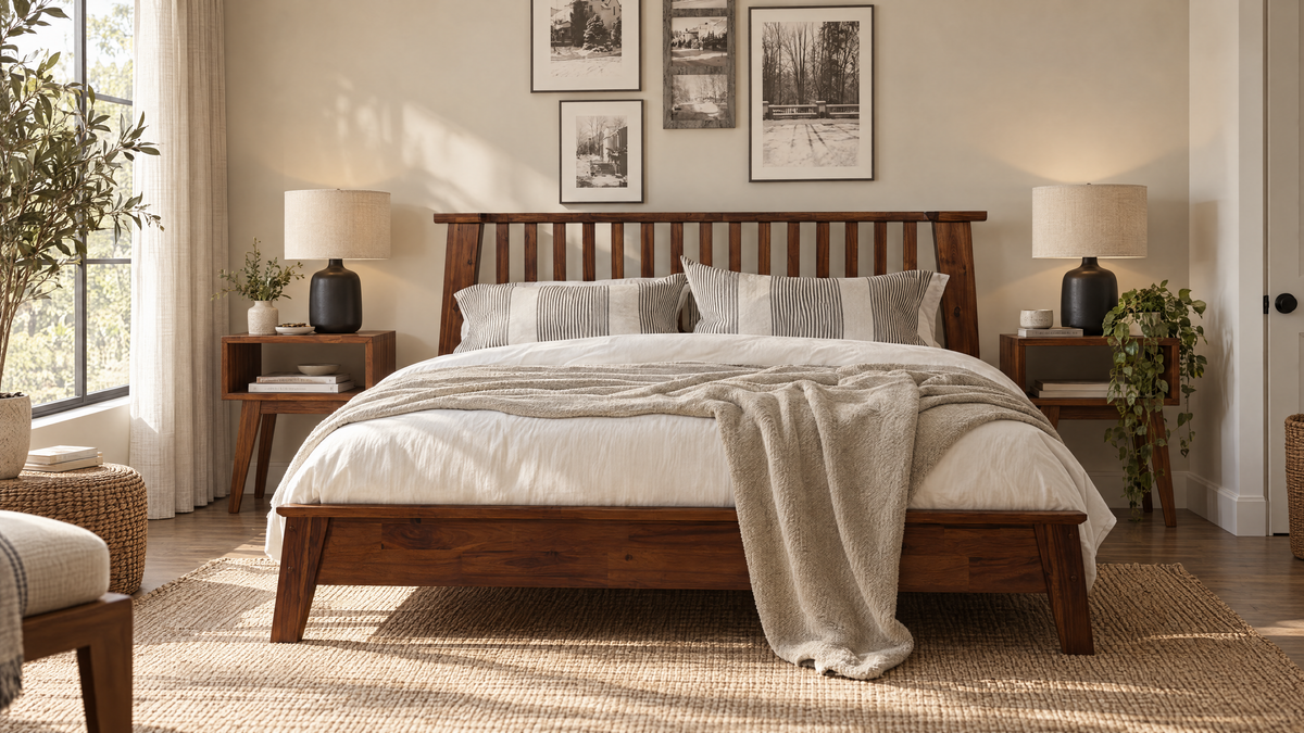 Warm wood bedroom with a solid wood bed, acacia nightstand, ceramic lamp and softly layered neutral bedding.