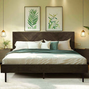 Chevron Hevea Wood Platform Bed styled with linen bedding in a warm bedroom