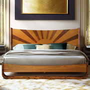 Sunburst Solid Wood Bed Frame styled with linen bedding in a warm bedroom