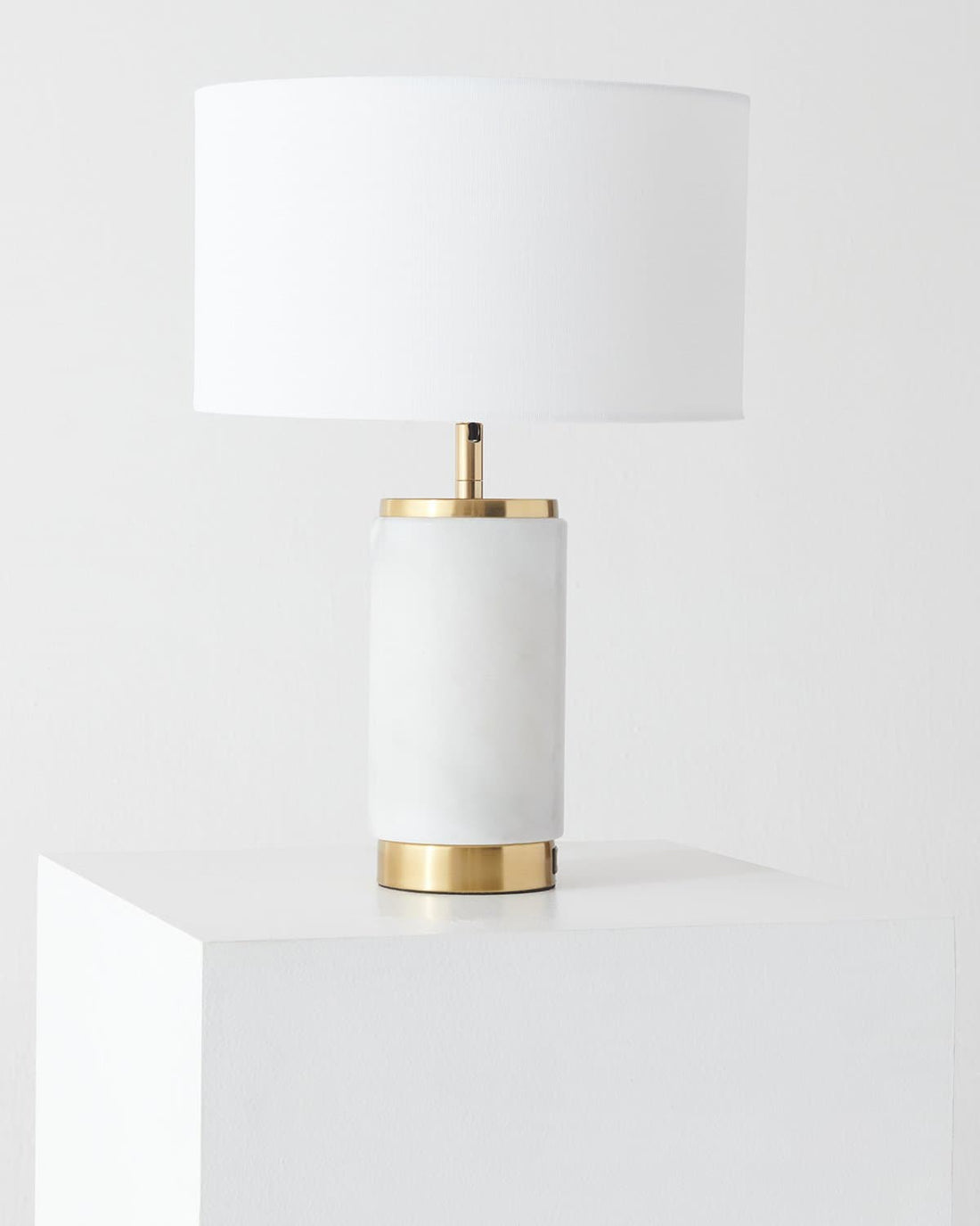 Marble-Base Brass USB Table Lamp — Stone-finish base, brass-tone rings, drum shade, and a built-in USB port