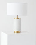 Marble-Base Brass USB Table Lamp — Stone-finish base, brass-tone rings, drum shade, and a built-in USB port