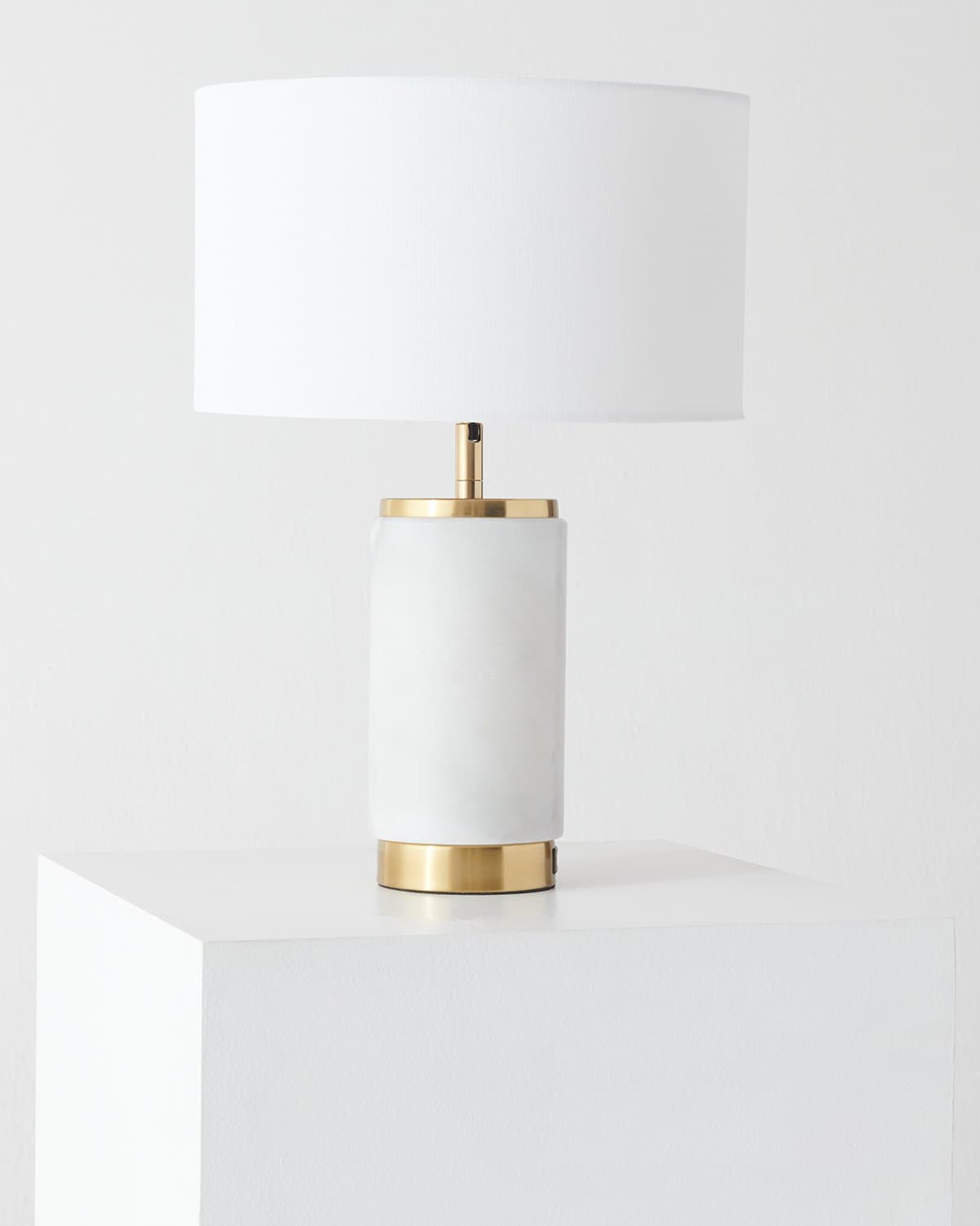 Marble-Base Brass USB Table Lamp — Stone-finish base, brass-tone rings, drum shade, and a built-in USB port