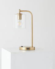 Brass USB Table Lamp with Glass Shade & Wireless Charging