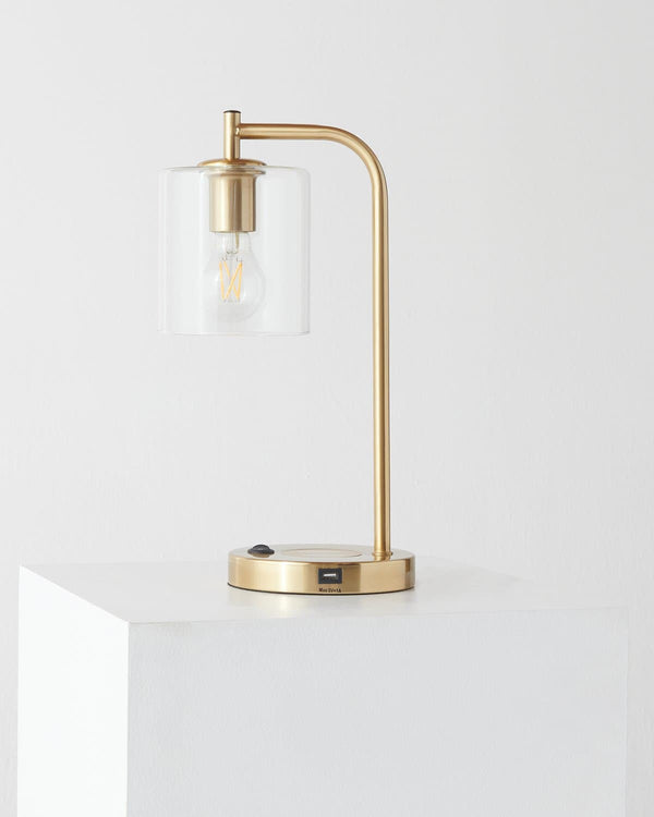 Brass USB Table Lamp with Glass Shade & Wireless Charging