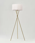 Crossed-Base Tripod Floor Lamp — Crossed brass-finish tripod base with pleated drum shade and LED source