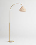 Brass Arc Floor Lamp with Wicker Dome Shade