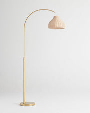 Brass Arc Floor Lamp with Wicker Dome Shade