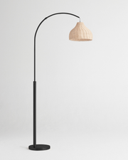 Brass Arc Floor Lamp with Wicker Dome Shade
