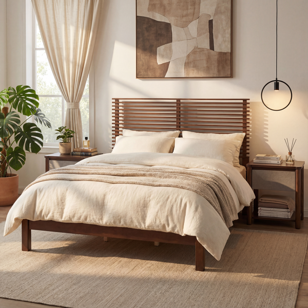 Slatted Walnut King Bed Frame with Headboard
