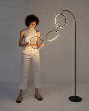 Brass Arc Floor Lamp with Three LED Rings