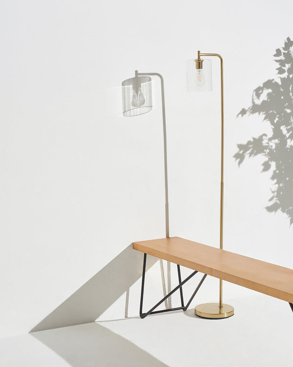 Brass-Finish Glass Cylinder Floor Lamp