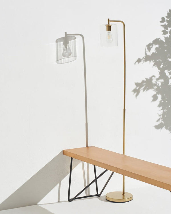 Brass-Finish Glass Cylinder Floor Lamp