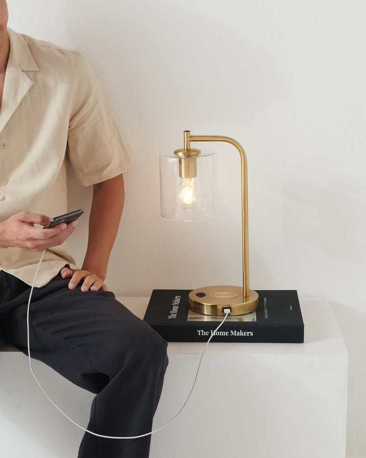 Brass USB Table Lamp with Glass Shade & Wireless Charging