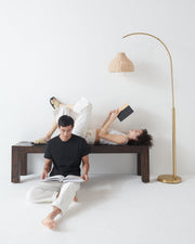 Brass Arc Floor Lamp with Wicker Dome Shade