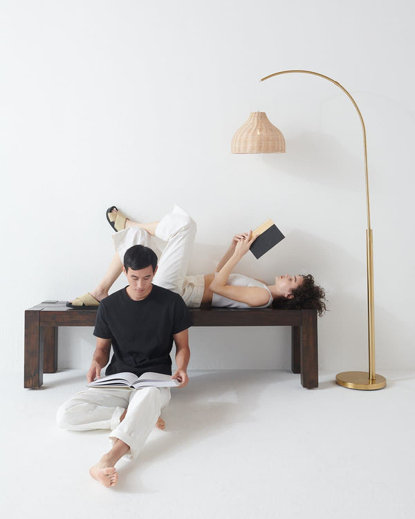 Brass Arc Floor Lamp with Wicker Dome Shade