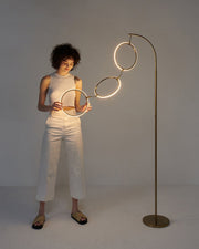 Brass Arc Floor Lamp with Three LED Rings