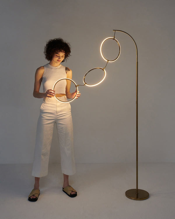 Brass Arc Floor Lamp with Three LED Rings