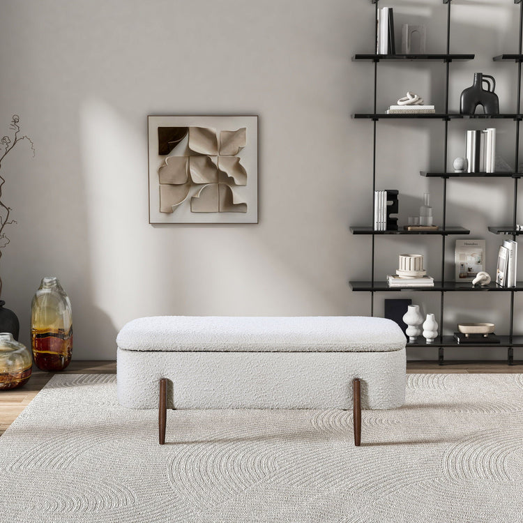 Ivory Bouclé Storage Bench with Hidden Compartment