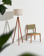Close-up of wood-grain texture and touch control detail — Linen Shade Tripod Floor Lamp