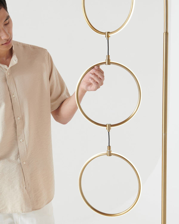 Brass Arc Floor Lamp with Three LED Rings