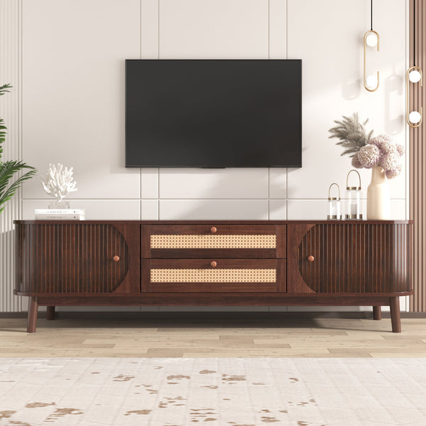 Rattan-Front Fluted Wood TV Stand in a styled home setting