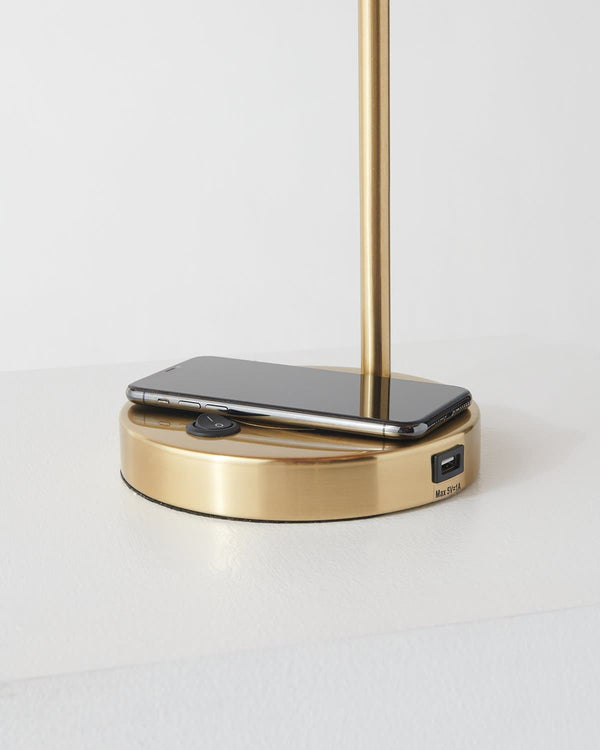 Brass USB Table Lamp with Glass Shade & Wireless Charging