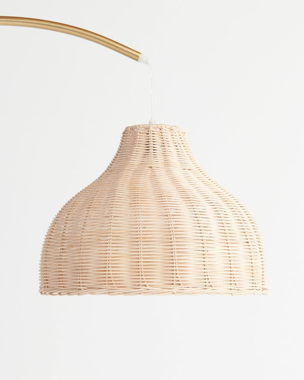 Brass Arc Floor Lamp with Wicker Dome Shade