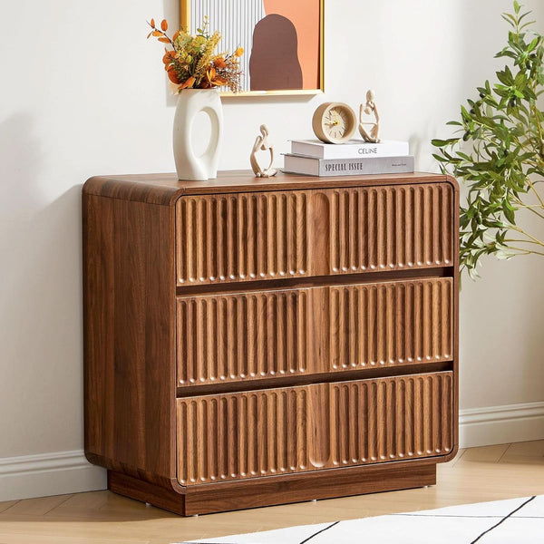 Fluted Walnut-Finish Three Drawer Dresser