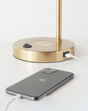 Brass USB Table Lamp with Glass Shade & Wireless Charging