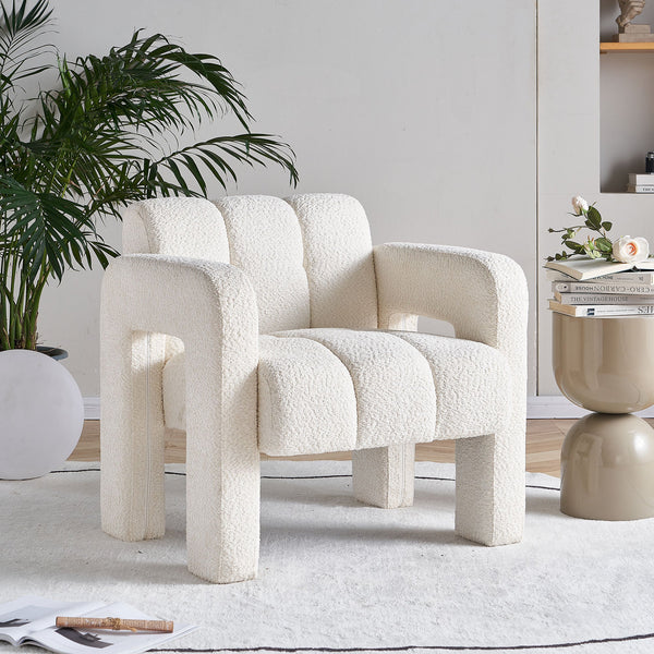 Boucle Upholstered Accent Chair styled on a sunlit patio with side table