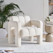 Boucle Upholstered Accent Chair styled on a sunlit patio with side table