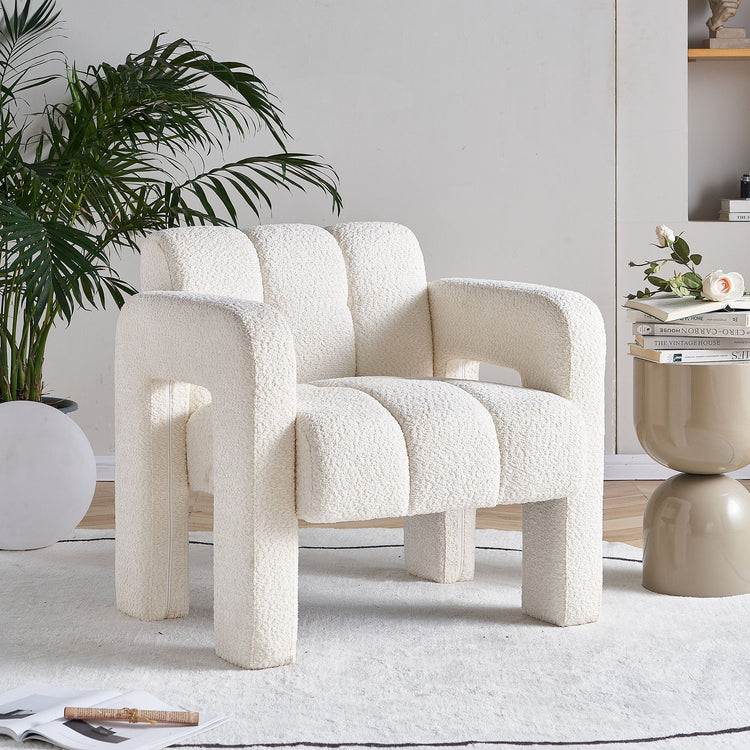 Boucle Upholstered Accent Chair styled on a sunlit patio with side table