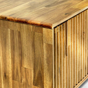 Fluted Acacia Wood TV Stand — close-up of label and production detail