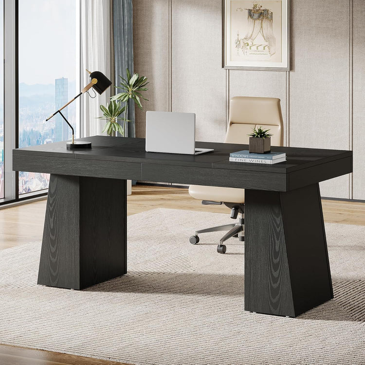 Trapezoid Base Wood-Grain Executive Desk
