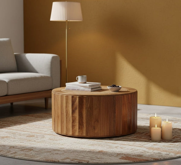 Round Mango Wood Rattan Coffee Table